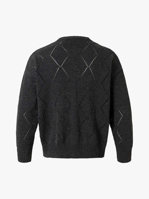 Retro Diamond Check Hollow Knit Cardigan Sweater - thumbnail 2