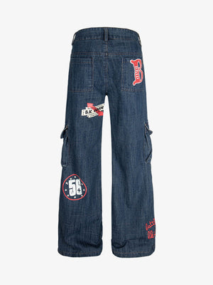 Dark Wash Cargo Jeans with Graphic Prints – Back flat | XoKool
