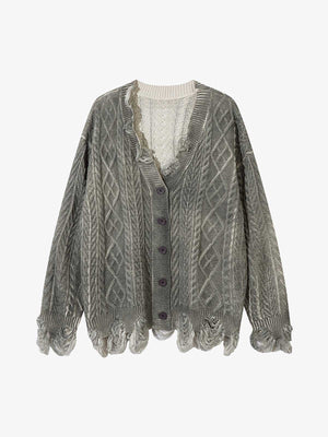 Cable Knit Cardigan Damaged Dirty Dyed Sweater - thumbnail 1