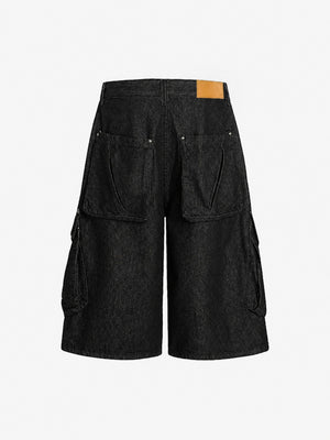 Baggy Black Cargo Jorts with 3D Pockets – back view | XoKool