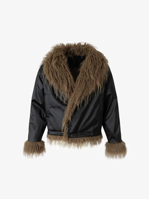 Retro Punk Rock Oversized Fur Collar Stitching Leather Cotton Jacket - thumbnail 1