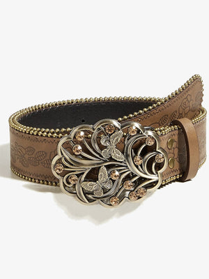 Cinturón western con flores en relieve y hebilla de mariposa – detalle de la hebilla en ángulo | XoKool