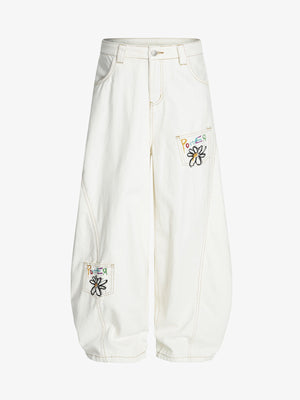 Off-White Barrel Jeans with Daisy Patch Pockets – front | XoKool