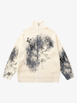 Ink-Splashed Butterfly Jacquard Zip Knit Sweater - thumbnail 1