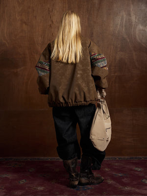 Vintage Leather and Sherpa Patchwork Webbing Cotton Jacket - thumbnail 8