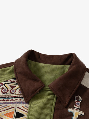 Vintage Jacquard Patchwork Corduroy Lapel Padded Cotton Jacket - thumbnail 12