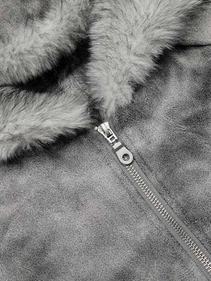 Faux Suede Vintage Wash Fur Hood Padded Jacket - thumbnail 7