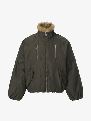 Vintage Zipper Design Fur Stand Collar Bomber Jacket - thumbnail 1