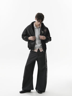 Vintage Leather Badge Fleece-lined Hooded Zip Bomber Jacket - thumbnail 7