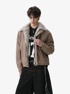 Vintage Fur Collar PU Leather Badge Embroidery Work Jacket - thumbnail 3