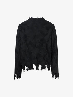 Knitted Distressed Diamond Pattern Raw Edge Sweater - thumbnail 4