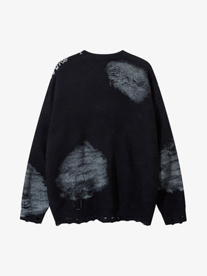 Chain Jacquard Spray-Painted Hole Round Neck Sweater - thumbnail 4