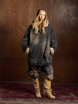 Distressed Graffiti Washed Long Lamb Fleece Denim Cotton Jacket - thumbnail 3