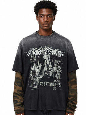 Faded Black Camo Sleeve Layered Graphic Tee – on model, front | XoKool