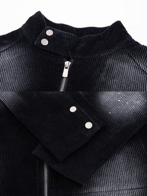 Faded Black Corduroy Zip Up Jacket – collar and snap cuff close-up | XoKool