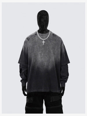 Faded Black Oversized Layered Long Sleeve Tee – on model, front | XoKool