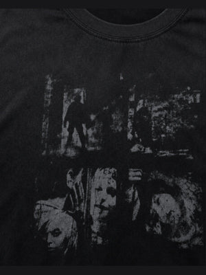 Distressed graphic tee – Black, print close-up | XoKool