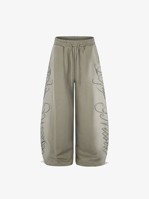 Faded Script Print Vintage Sweatpants – Sage Khaki, front flat | XoKool