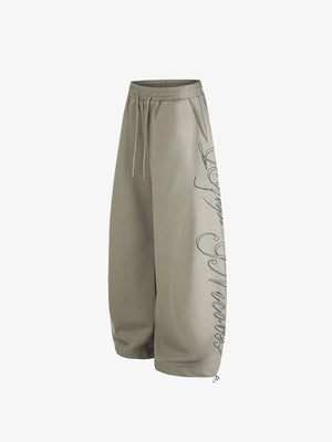 Faded Script Print Vintage Sweatpants – Sage Khaki, side flat | XoKool