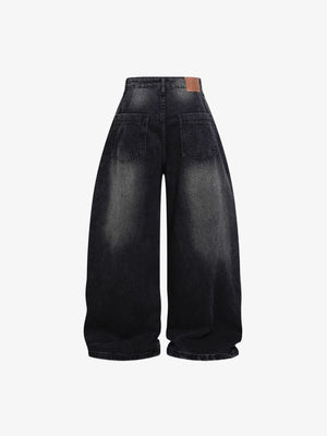 Faded Two-Tone Barrel Jeans with Small Rips – Black, back flat lay | XoKool
