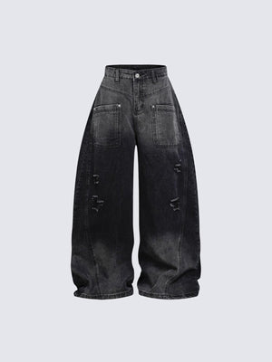 Faded Two-Tone Barrel Jeans with Small Rips – Black, front flat lay | XoKool