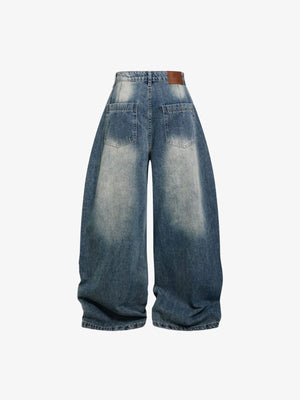 Faded Two-Tone Barrel Jeans with Small Rips – Blue, back flat lay | XoKool