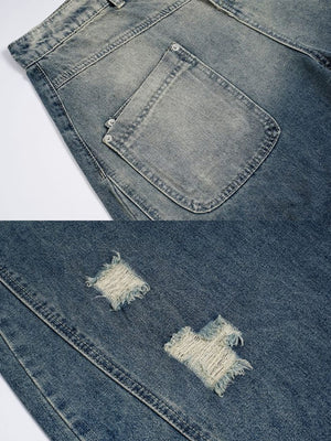 Faded barrel jeans – Blue, detail collage: back pocket, rips | XoKool
