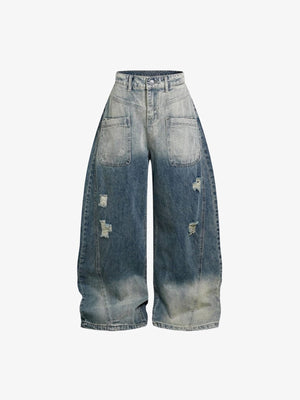 Faded Two-Tone Barrel Jeans with Small Rips – Blue, front flat lay | XoKool