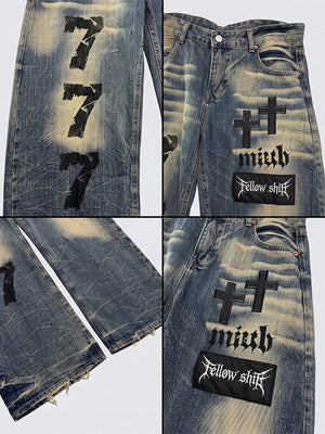 Faded Wide Leg Cross Jeans with Belt – detail collage: 7 graphics, crosses, patch, frayed hem | XoKool