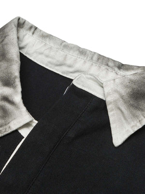 Distressed Long Sleeve Rugby Shirt in Black – collar close-up | XoKool