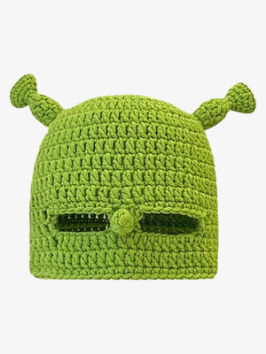 Green Crochet Ski Mask Beanie with Monster Ears – front, face mask down with eye slits | XoKool