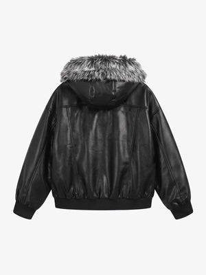 Faux Leather Bomber with Faux Fur Hood – Black, back view | XoKool