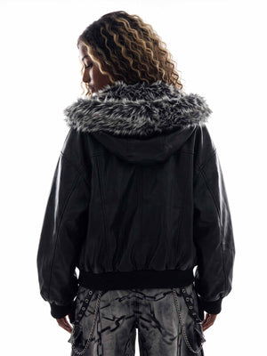 Faux leather fur hood bomber – on model, back | XoKool