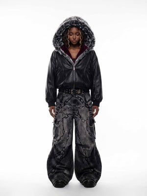 Faux leather fur hood bomber – on model, full body | XoKool