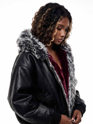 Faux Leather Bomber with Faux Fur Hood – on model, side | XoKool