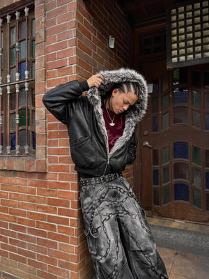 Faux leather fur hood bomber – street photo | XoKool