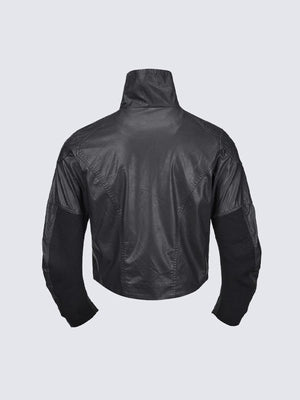 Faux Leather Funnel Neck Zip Jacket – Black, back flat lay (rib sleeve panels) | XoKool