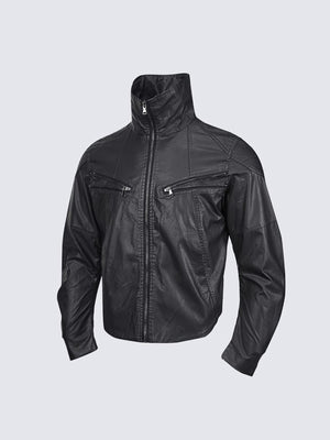 Faux leather funnel neck jacket – Black, front angled | XoKool