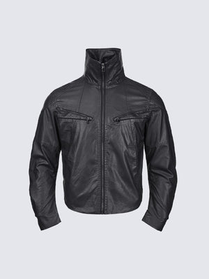 Faux Leather Funnel Neck Zip Jacket – Black, front flat lay | XoKool