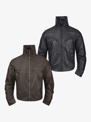 Faux leather funnel neck jacket – Brown and black together | XoKool