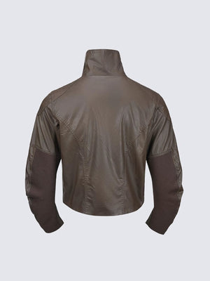 Faux leather funnel neck jacket – Brown, back flat lay | XoKool