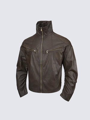 Faux leather funnel neck jacket – Brown, front flat lay (angled) | XoKool