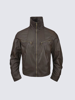 Faux Leather Funnel Neck Zip Jacket – Brown, front flat lay | XoKool