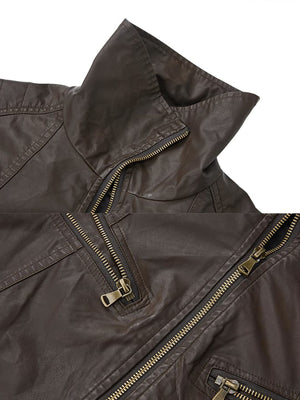 Faux leather funnel neck jacket – collar and zip close-up | XoKool
