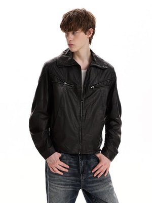 Faux leather funnel neck jacket – on model, black, front | XoKool