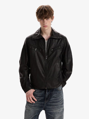Faux leather funnel neck jacket – on model, black, front | XoKool