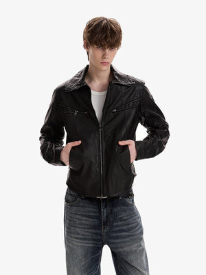 Faux leather funnel neck jacket – on model, black, front | XoKool