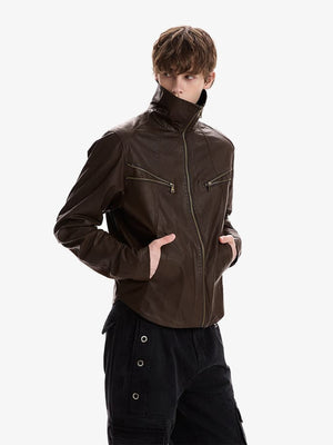 Faux Leather Funnel Neck Zip Jacket – on model, brown, collar up | XoKool