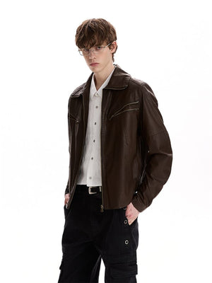Faux leather funnel neck jacket – on model, brown, front | XoKool