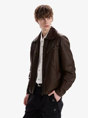 Faux leather funnel neck jacket – on model, brown, side | XoKool